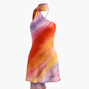 Commense Semi-Sheer Halter Backless Tie-Die Short Dress